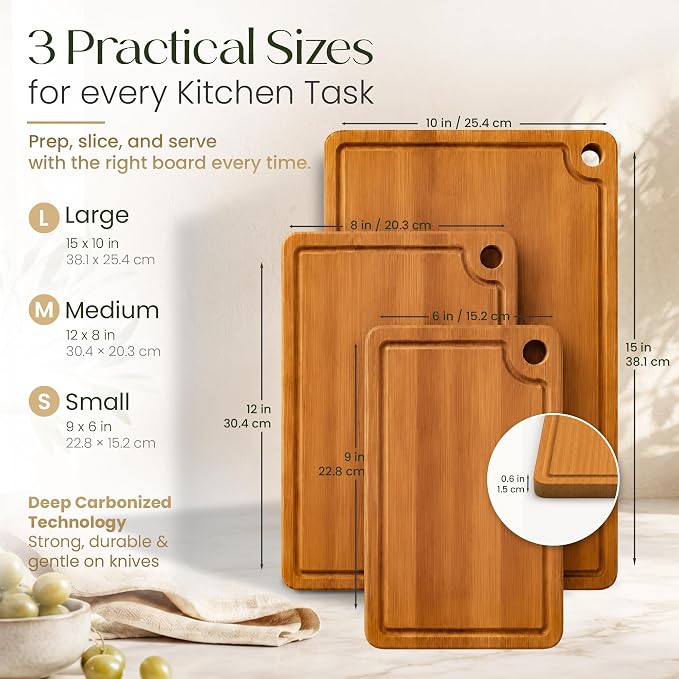 3-Piece Bamboo Cutting Boards - Groove, Handles, 15/12/9" - Dark Carbonized | Bamboo boards with rich dark finish, reversible prep and serving design surfaces