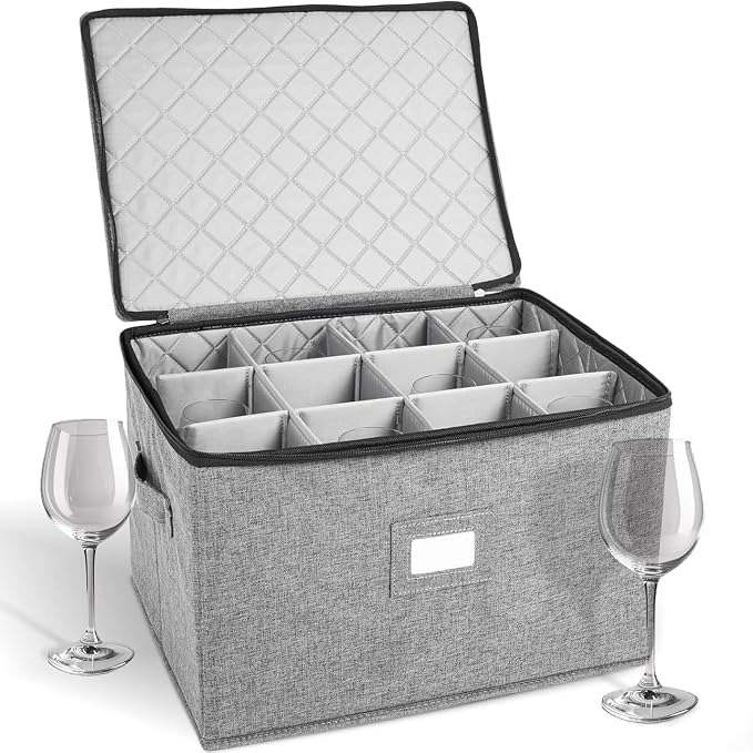 storageLAB Wine Glass Storage Case | Hard Shell Felt Dividers | Gray | Hard shell case holds 12 wine glasses in 4x4 felt compartments. Stackable, top-load, label tag. Keeps stemware chip-free.