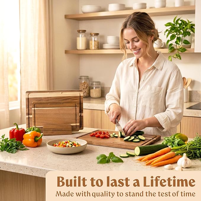 Acacia Wood Cutting Boards for Kitchen Set of 3, Double sided | Non Toxic Wooden Chopping Boards: Cut on One Side, Serve on the Other, large kitchen boards for charcuterie
