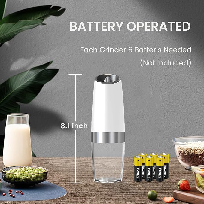 Battery Operated Salt And Pepper Grinder Set with LED Light, Automatic Electric Gravity Salt And Pepper Shakers Set, Each 6 AAA Batteries Needed, Adjustable Roughness, 2 Pack (White)