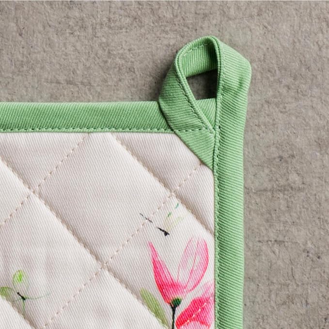 Maison d' Hermine Pot Holders 100% Cotton Potholders (8" x 8", Pack of 1) | Heat Resistant Hot Pads with Loop BBQ Cooking Baking Farmhouse Kitchen Handling Hot Pans Spring Summer - Botanical Fresh