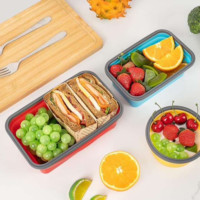 Collapsible Silicone Food Storage Containers Set with Lid & Air Vent, Foldable Lunch Containers, 8 Pack (4 Rectangular + 4 Round Bowls), BPA-Free, Space-Saving