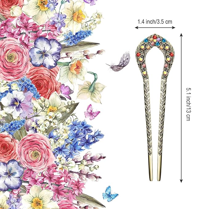 Waydress 5 Pcs Vintage Hair Fork French Hair Pin for Buns Metal Chignon Pin Chopsticks Crystal Rhinestone Double Prong Hairpin Stick U Shaped Bun Accessories for Women(Elegant Pattern)