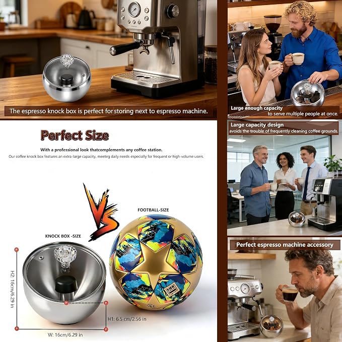 Espresso Knock Box with Glass Lid, Magnetic Knock Bar, Shock-Absorbing Base – Holds 20 Pucks (Silver) | Large Capacity, Coffee Knock Box, Stainless Steel Coffee Grounds Container