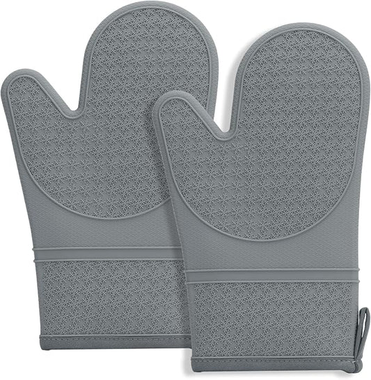 Hovico Silicone Oven Mitts, Heat Resistant 500F Kitchen Mitts 2PCS, 11.6" BPA-Free Soft Baking Gloves, Non-Slip Grip Oven Gloves with Soft Cotton Lining for Kitchen Cooking Baking BBQ - Gray