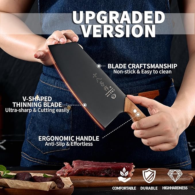 SHI BA ZI ZUO Meat Cleaver, Vegetable Cleaver, Utility Knife Chinese Chef Knife for Kitchen Stainless Steel Ergonomic Design Wooden Handle