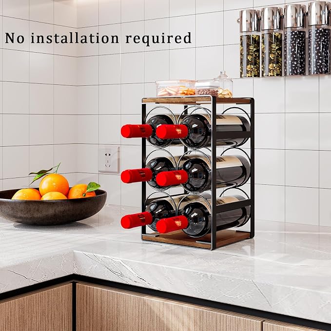 6 Bottle Countertop Small Wine Rack | Compact Design MDF Wood Construction, for Countertop, Cabinet & Corner Storage, Hold Up to 6 Wine Bottles