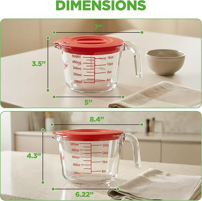 NutriChef 2 and 4 Cups Glass Measuring Cup Set with Lids (17 & 34 oz) - Heat-Resistant Borosilicate Liquid Measure Cups with Easy-Read Scale for Cooking, Baking and Food Storage, Dishwasher Safe