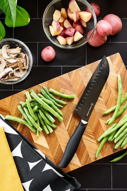 DURA LIVING Santoku Knife - 7 Inch Black Nonstick Titanium Plated Stainless Steel Ultra Sharp Blade, With Ergonomic Comfort Grip Handle Asian Chef's Knife, With Matching Sheath