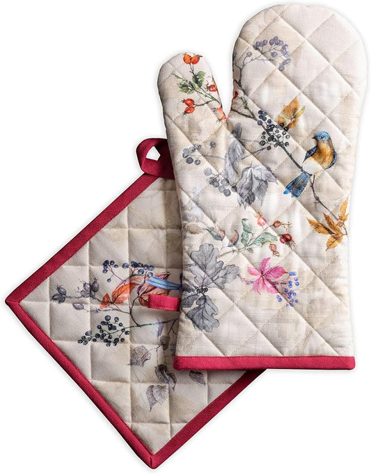 Maison d' Hermine 100% Cotton Oven Mitt & Pot Holder Set (7.5"x13" & 8"x8") | Heat Resistant BBQ Cooking Gloves with Loop Baking Kitchen Hotel Home Farmhouse Thanksgiving Christmas - Equinoxe - Beige