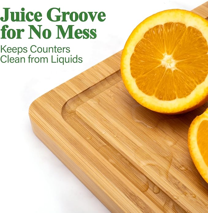 Bamboo Cutting Board Set, 3-Piece Cutting Board with Stand & Hanging Hole | Chopping Board for Kitchen with Juice Groove, Serving Board, Ideal for Meat, Vegetables and Cheese
