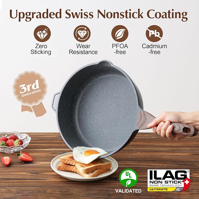 SENSARTE Nonstick Deep Frying Pan Skillet, 12-inch Saute Pan with Lid, Stay-cool Handle, Chef Pan Healthy Stone Cookware Cooking Pan, Induction Compatible, PFOA Free (Pack of 2)