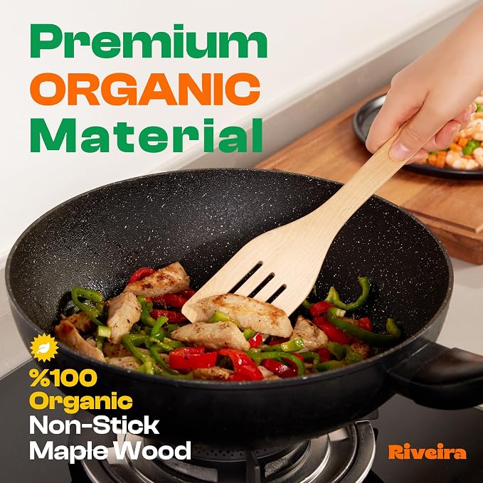 Riveira Maple Wooden Spoons for Cooking Set of 6 – Natural Maple Wooden Cooking Utensils, Wooden Spatula, Wooden Spoon - Premium Quality Utensil Set for Non-Toxic Cooking