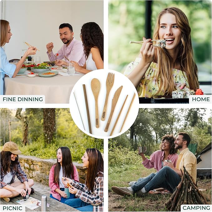 Travel Utensils with Case Set Fork, Knife, Spoon, Chopsticks, Straw, Straw-cleaning brush, Travel Pouch and Carabiner, Excellent For Everyday Use! ((2 Sets) Midnight Black/Sunrise Yellow)