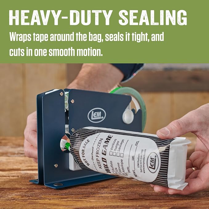 LEM Products Poly Bag Tape Sealer Machine and Tape | Heavy-Duty Sealing for Food Storage, Wraps Tape Around Bag, Seals Tight, and Cuts in Smooth Motion, Great for Ground Meat