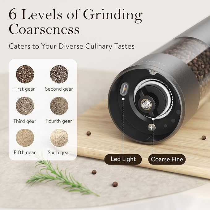 Ultrean Salt and Pepper Grinder Set, Rechargeable Salt and Pepper Shakers, 6 Adjustable Coarseness, LED Light, Kitchen Gadget & Housewarming Gift, Cooking Gifts for Men, Stainless Steel