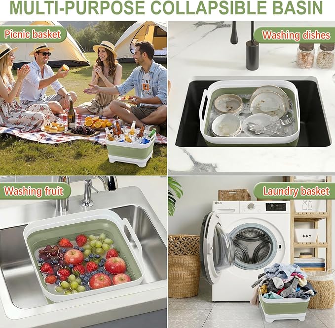 Yecuip Collapsible Baby Bottle Wash Basin w/Drying Rack & Drain Plug, Green | 2.4 Gallon Foldable Dish Tub w/Handles,Portable RV Camping Sink & Space-Saving Wash Bin with Lid for Kitchen,Travel & Outdoor