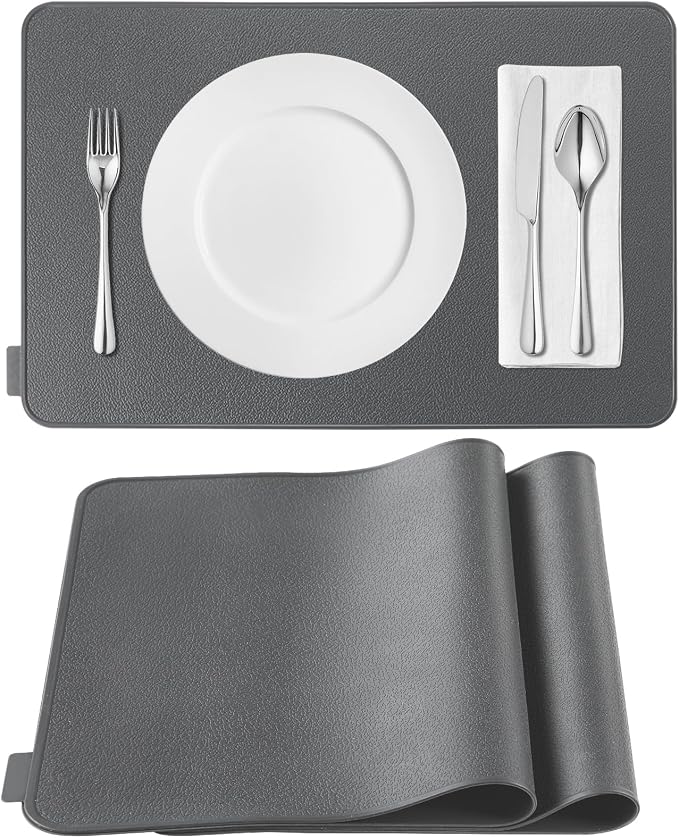 Kamehame Silicone Placemats, Placemats for Dining Table Set of 2 Non-Slip Table Mats 17.5 x 11.4 inch with Raised Edges - Dark Gray