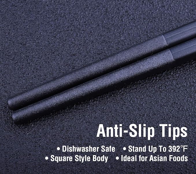 5 Pairs Fiberglass Chopsticks, GLAMFIELDS Reusable Japanese Chinese Chop sticks Dishwasher Safe, Non-slip, 9 1/2 inches - Black with Multi-purpose Drawstring Bag Carrying Case