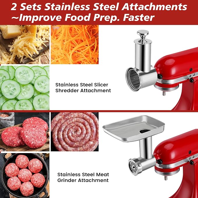 Durable Meat Grinder & Slicer Shredder Attachments Set for Kitchenaid Mixers,Dishwasher Safe Stainless Steel Packs with Cheese Grater & Sausage Stuffer Accessories