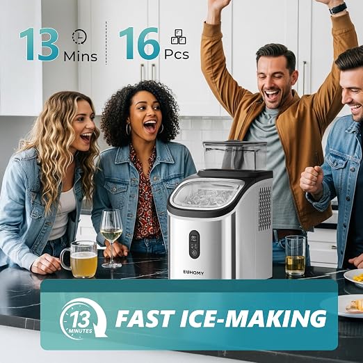EUHOMY Ice Cube Maker Machine Countertop with External Water Tank, 2 Ways to Add Water, 34Lbs/Day, 16Pcs Ready in 7 Mins, Auto-Cleaning, with Ice Scoop & Basket, for Home/Kitchen/Office/Bar (Silver)