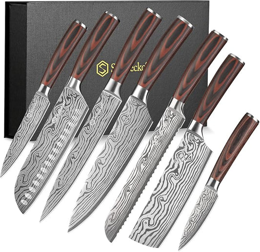Sunnecko Kitchen Knife Set 7 Piece Chef Knife Set Professional High Carbon Stainless Steel, Sharp Kitchen Knives with Wooden Handle