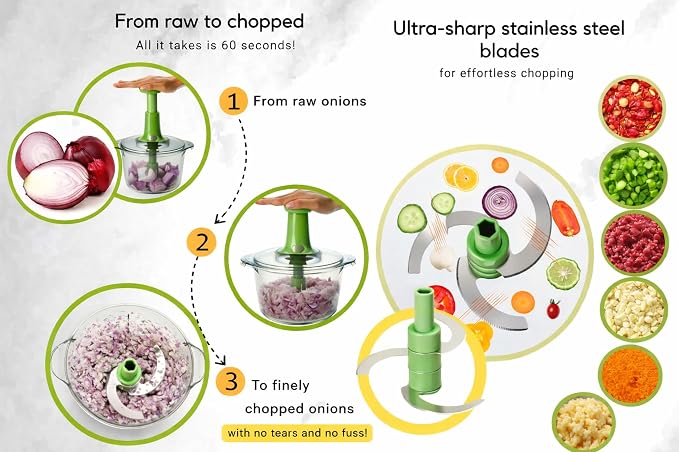 Brieftons Express Manual Food Chopper: Large 8.5-Cup, Hand Chopper Vegetable Cutter to Chop Veggies, Fruits, Herbs, Garlic Onion Chopper for Salsa, Salad, Pesto, Guacamole, Coleslaw, Indian Cooking