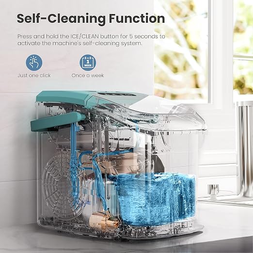 Portable Ice Maker Machine with Handle, 26lbs/24Hrs, 6Mins/8 Ice Cubes, Self-Cleaning with Basket/Scoop, Countertop Ice Makers for Home/Kitchen/Office(Green)