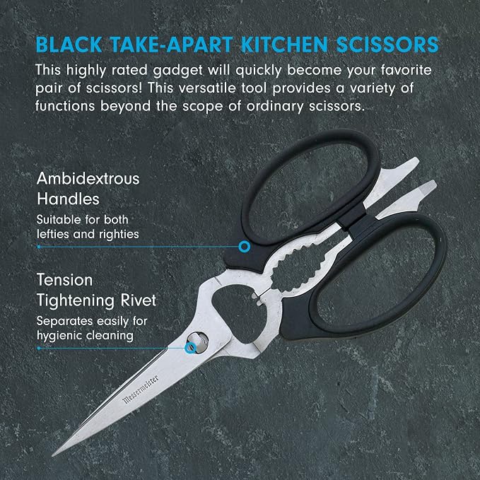 Messermeister 8-Inch Take-Apart Kitchen Scissors, Black - Includes Screwdriver, Nut Cracker, Jar Lid Opener/Gripper, Bottle Opener & Bone + Twig Cutter - Suitable for Lefties & Righties
