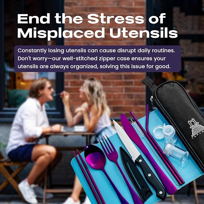 Taplord Portable Travel Silverware Set With Case, Includes 10 Pcs of Travel Utensils With Case, Stainless Steel Flatware Set For Camping, Lightweight (Purple)