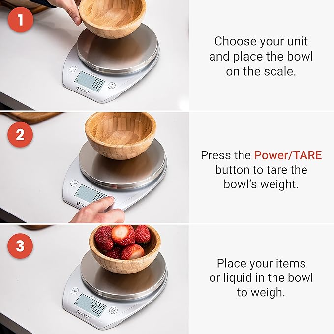 Etekcity 0.1g Food Kitchen Scale, Bowl, Digital Grams and Ounces for Weight Loss, Dieting, Baking, Cooking, and Meal Prep, 11lb/5kg, Stainless Steel Silver | 11lb/5kg capacity with tare, removable bowl, ideal for baking, coffee, meal prep and portion c...