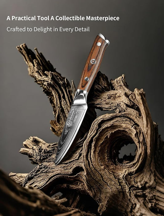 Damascus Paring Knife - Collectible 3.5 Inch Utility Knife with Pakkawood Handle, Japanese High Carbon Steel Blade, Small Fruit & Vegetable Knives for Kitchen, Outdoor, Camping, or Gift Use