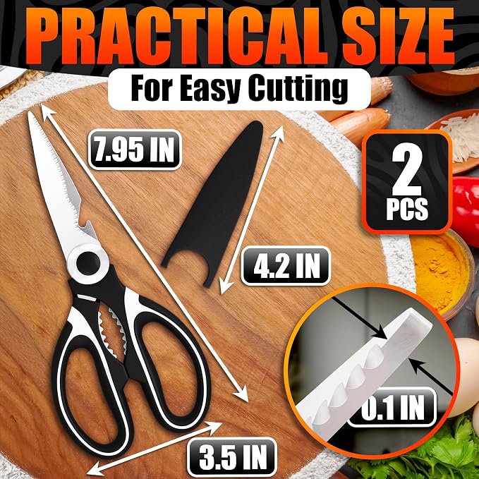 2 Pcs Heavy Duty Kitchen Scissors for Food, 5-in-1, All Purpose | Utility Scissors for Meat & Poultry, Stainless Steel Kitchen Shears, Bottle Opener, Non-Slip Handles & Blade Covers