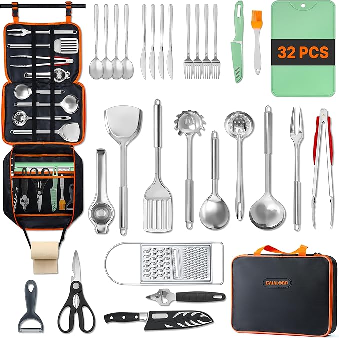 Gaialoop Portable Camping Cooking Utensils Set, Camp Kitchen Set with Organizer Bag, RV Essentials Outdoor Cooking Utensil Kit for Travel, Picnics, Camping, BBQs, Parties