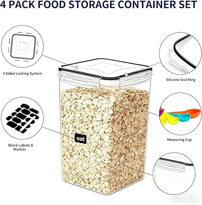 4pc 6.5L Large Airtight Plastic Canisters with Lids, Cups & Labels | Large BPA-Free Plastic Food Storage with Labels for Spaghetti, Cereal, Oats & Kitchen Pantry Organization, 4 Pack