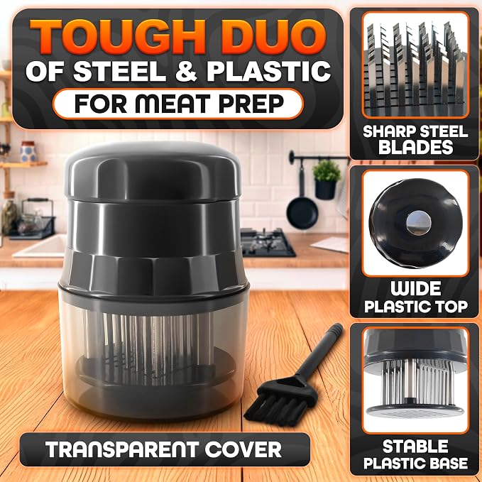 Meat Tenderizer Tool - Convenient Chicken Tenderizer Tool with 56 Sharp Stainless Steel Needle Blades, Safety Lock & Cleaning Brush, Dishwasher Safe - for Beef, Steak, Fish, Meat & Poultry Tenderizers | Blade Tenderizer for Meat with Safety Lock & Clea...