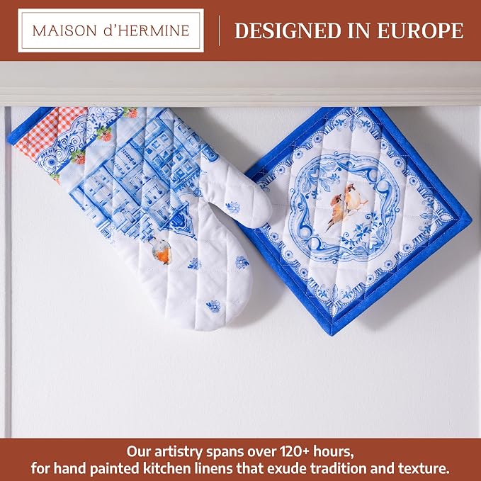 Maison d' Hermine 100% Cotton Oven Mitt & Pot Holder Set (7.5"x13" & 8"x8") | Heat Resistant BBQ Cooking Gloves with Loop Baking Grilling Kitchen Hotel Home Farmhouse Spring Summer - Amsterdam Canals