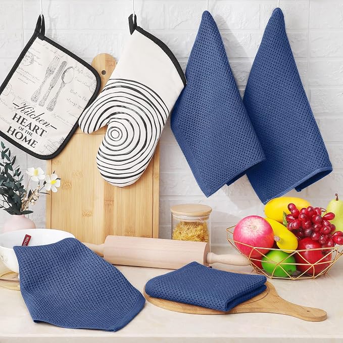 Homaxy 100% Cotton Waffle Weave Kitchen Dish Cloths, 7-Pack, Navy Blue | 12 x 12 Inches, Ultra Soft Absorbent Dish Towels, Quick Drying Dish Rags with Hanging Loop