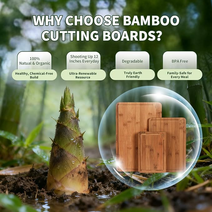 BAMBANG Bamboo Cutting Board, Dark Carbonized Chopping Boards Set of 3 with Stand, Butcher Block with Deep Juice Groove, Non-Toxic Wooden Cutting Boards for Kitchen Meal Prep & Serving