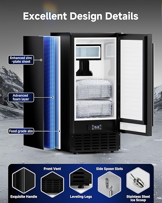 Commercial Ice Maker 68Lb/Day, Under Counter Nugget Ice Machine with 2 Ice Drawers, Built-in Freestanding Ice Maker with Auto-Cleaning & 24H Timer for Bar Restaurant Cafe Black