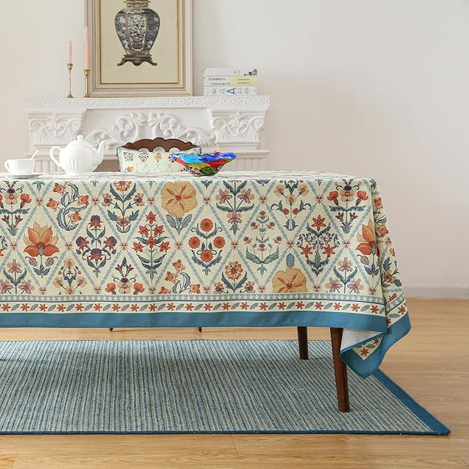 ISAENNE Designer Linen Elegant Long Rectangle Table Cloth,Colorful Floral Bohemian Tablecloth,Wrinkle Resistant Decor Tablecloths for Dining Thanksgiving Kitchen,63"*94"-Floralsea A