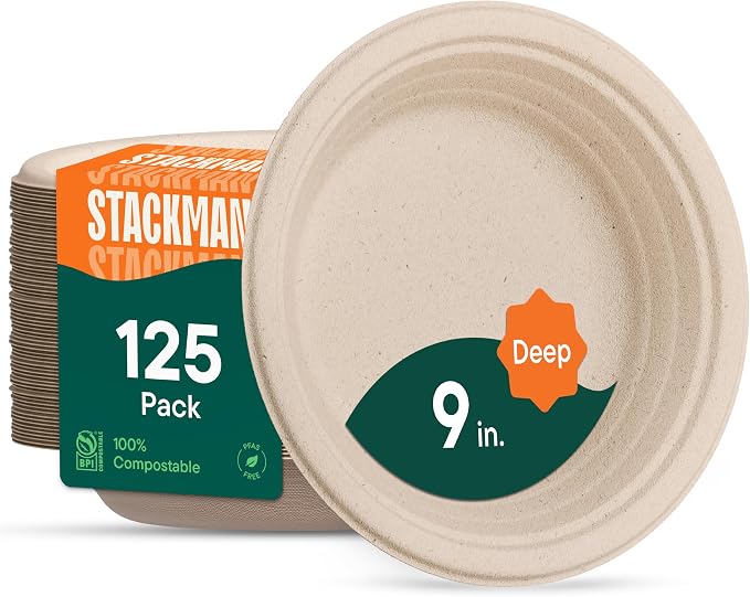 100% Compostable Deep Dish Plates - 9 Inch [125-Pack] Heavy Duty Brown | Eco-Friendly Biodegradable Sugarcane Bagasse Dinner Plates, PFAS-Free & BPI Certified Unbleached Party Supplies, Stack Man