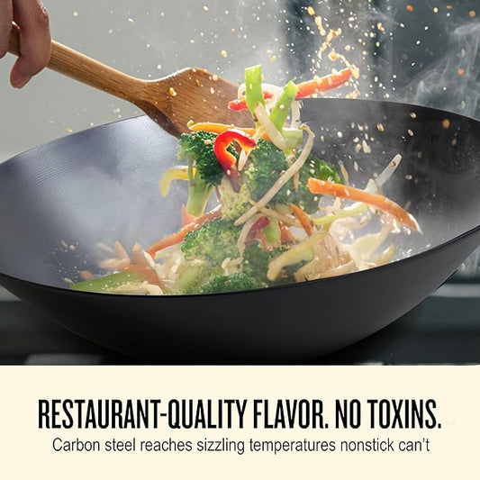 Alva Forest Naturally Nonstick Carbon Steel Wok Pan 12" - Acacia Wood Handle, Pre-Seasoned and Made without PFAS, PFOA & PTFE - Induction and All Stovetop Compatible with Even Heat Distribution