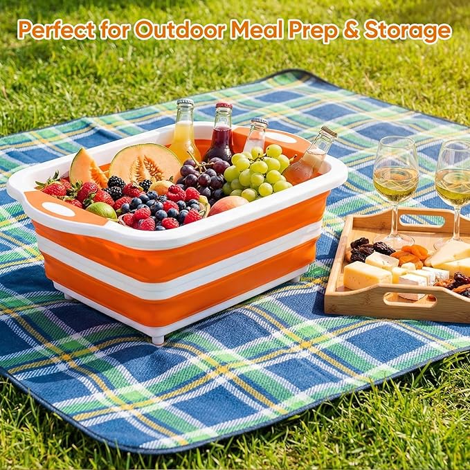 Collapsible BBQ Prep Tub with Lid, Foldable Camping Sink with Colander, Cutting Board, Dish Basin for Kitchen, Bowl, Vegetable and Fruit, Storage Basket for Picnic-Orange