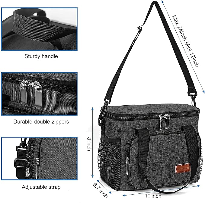 Lunch Bags for Women/Men, Insulated Lunch Bag for Work Office Picnic - Lunch Cooler Bag Leakproof Lunch Box with Adjustable Shoulder Strap - Charcoal