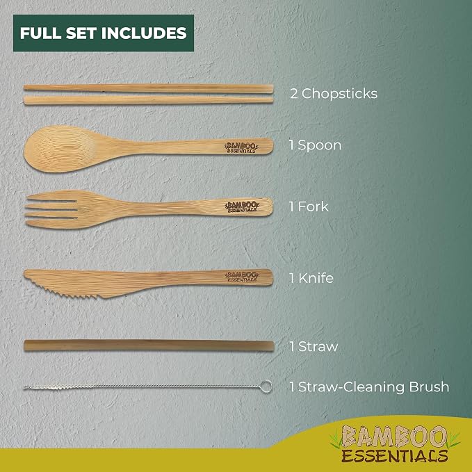 Travel Utensils with Case Set Fork, Knife, Spoon, Chopsticks, Straw, Straw-cleaning brush, Travel Pouch and Carabiner, Excellent For Everyday Use! ((2 Sets) Midnight Black/Sunrise Yellow)