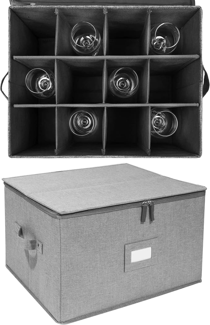 popoly Stemware Storage Cases, Wine Glass Storage Box Containers with Dividers, Stackable China Storage Containers for 12 Wine Glasses, Drinkware, Glassware or Crystal (Light Grey) | Stackable China Storage Containers for 12 Wine Glasses, Drinkware, Gl...