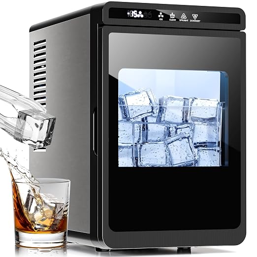 Kismile Clear Ice Cube Maker, 1.6" Square Ice Cubes,3 Pcs in 20 Mins, 155pcs/Day, 24H Timer, Self-Cleaning, Ice Maker Countertop with 5 Ice Sizes, for Whiskey, Cocktails & Bourbon