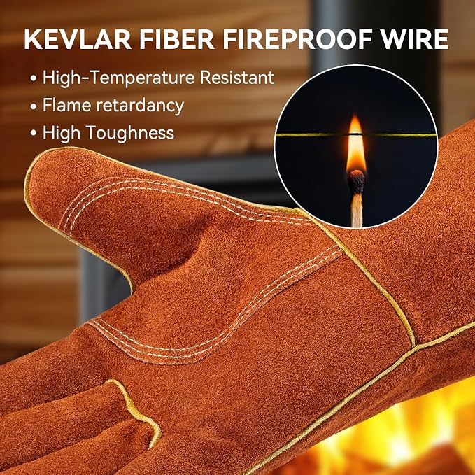 OZERO 932°F Heat Resistant Gloves: Welding Gloves Men Women, Brown, 14-Inch | 1.2 mm Split Cowhide, Reinforced Palm, Long Cuff, for MIG TIG Stick Forge BBQ Grill Fireplace Fire Pit Wood Stove Oven