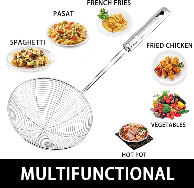 Anaeat Stainless Steel Spider Skimmer, Set of 3 Professional Kitchen Pasta Strainer Spoon with Long Handle - Asian Strainer Ladle Wire Skimmer Spoons for Cooking and Frying (4.5"+5.3"+6.1")